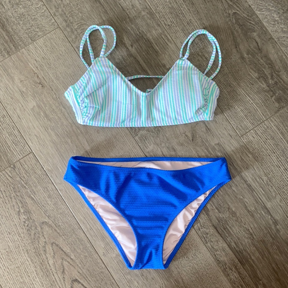 target blue striped bikini swimsuit. top is medium & bottoms are small.
